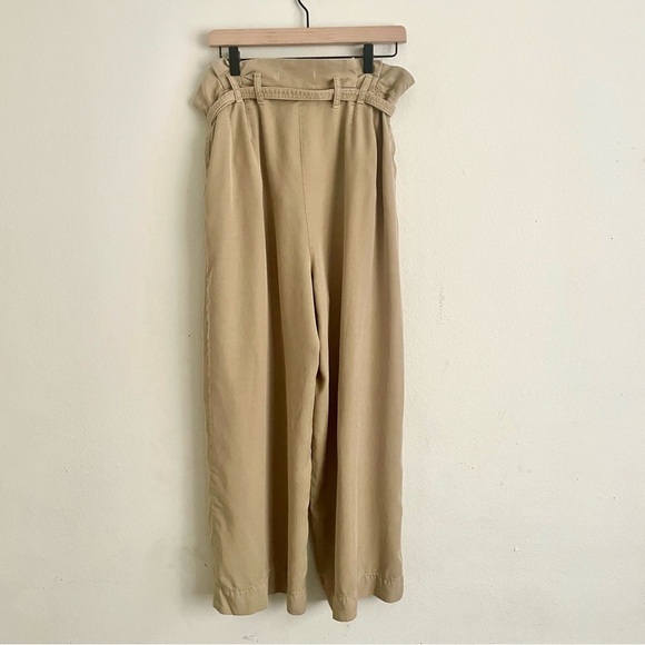 Anthropologie Khaki Beige Paper Bag Waist Wide Leg Cropped Pants Size 12 - Picture 3 of 4